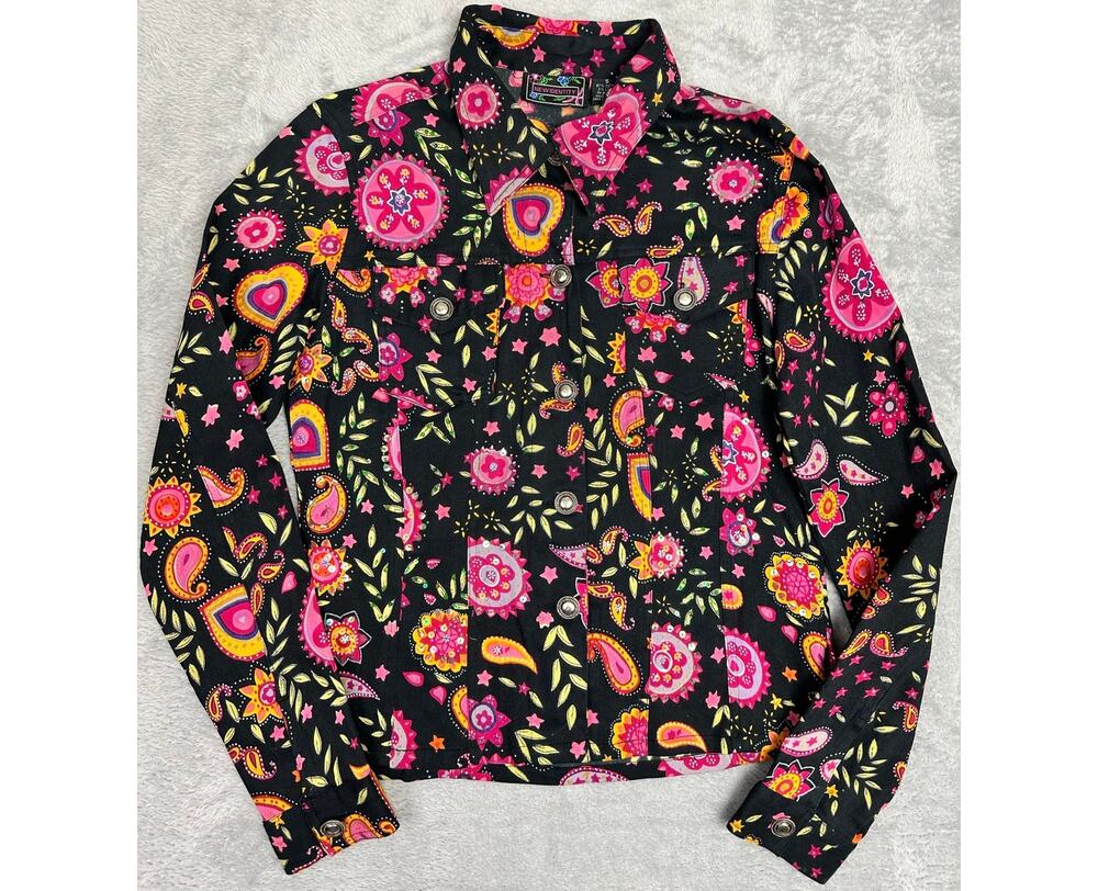 Vintage 90s New Identity Vibrant Paisley Beaded Sequin Denim Jacket Size Small